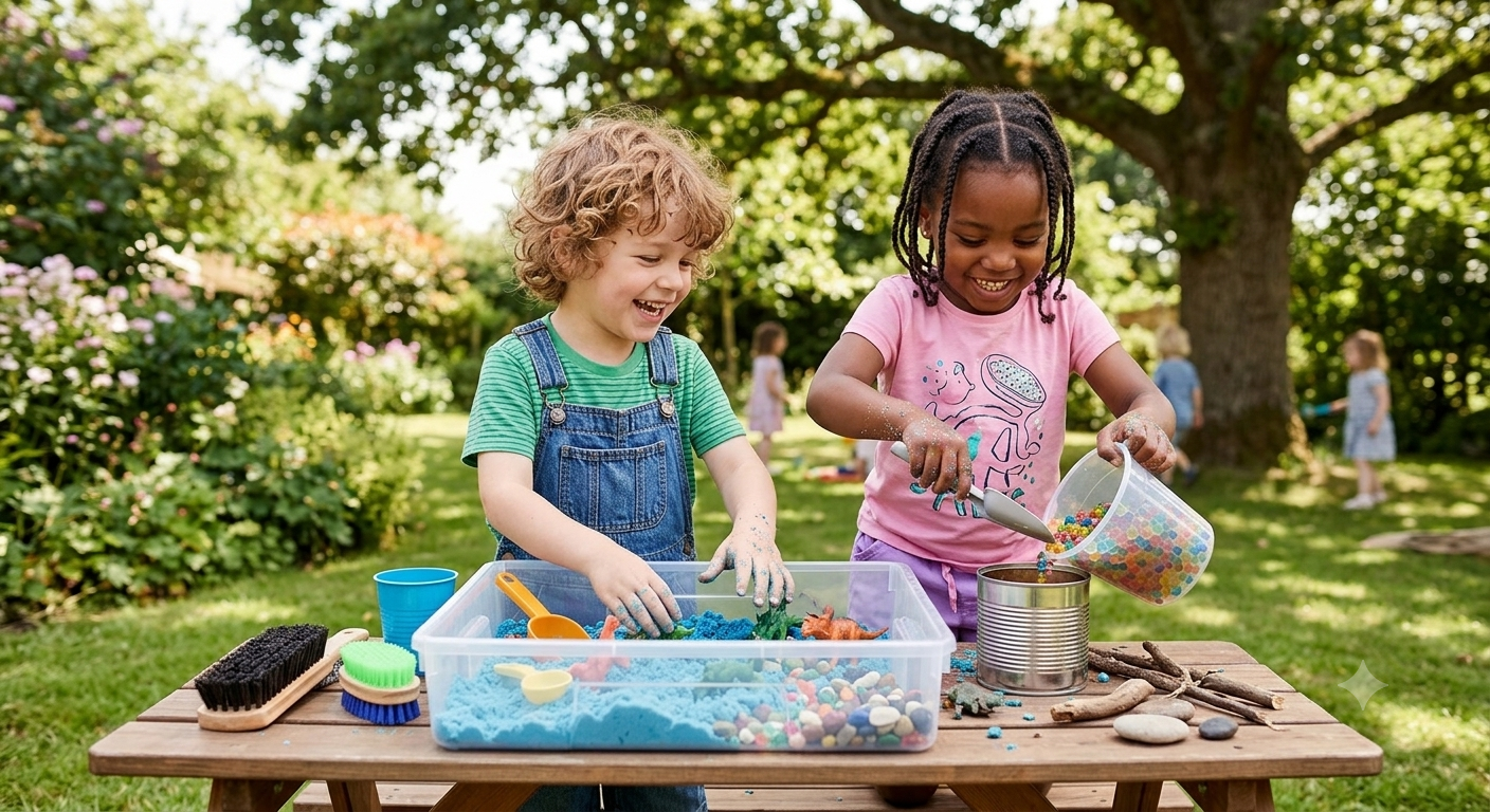 Two Grade Club children exploring colorful sensory sand and beads outdoors