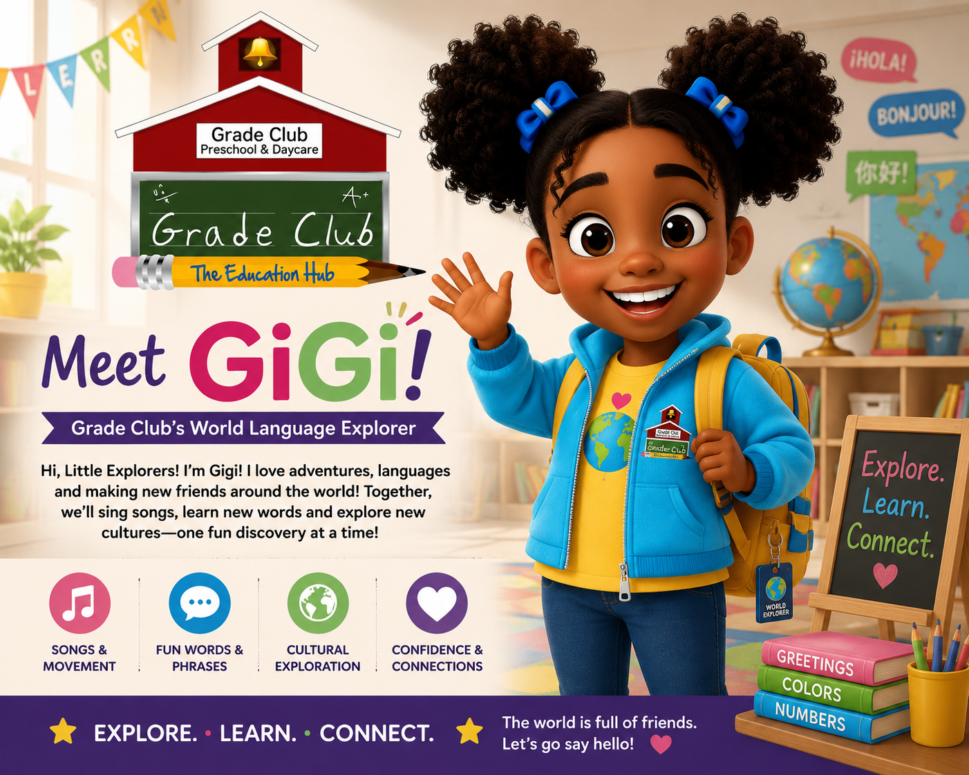 Meet Gigi, Grade Club's World Language Explorer, waving in a bright classroom with world map and globes