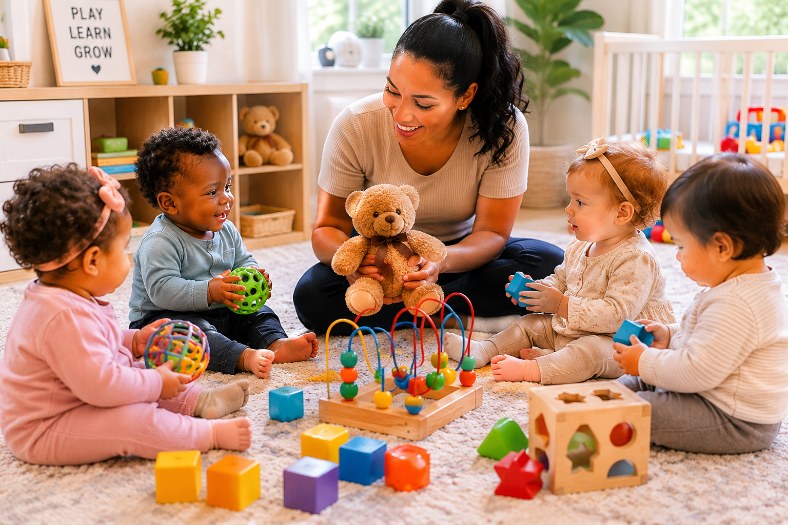 Grade Club caregiver sitting on the floor with four infants and wooden developmental toys