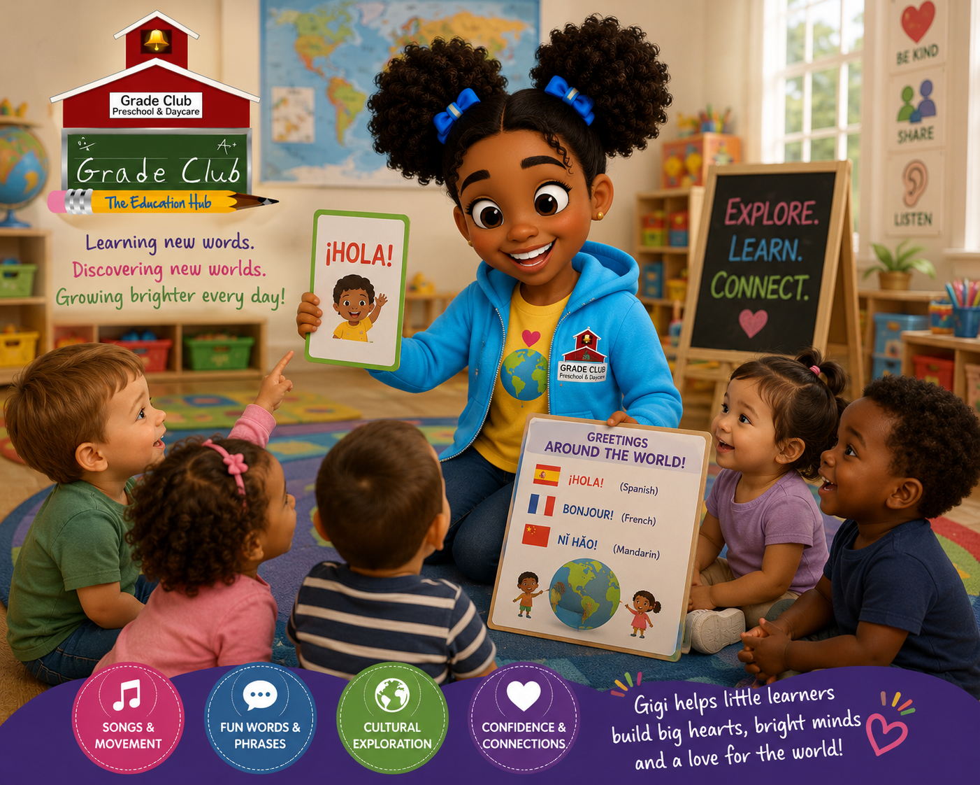 Gigi holding greeting cards while young children sit around her learning hello in Spanish, French and Mandarin