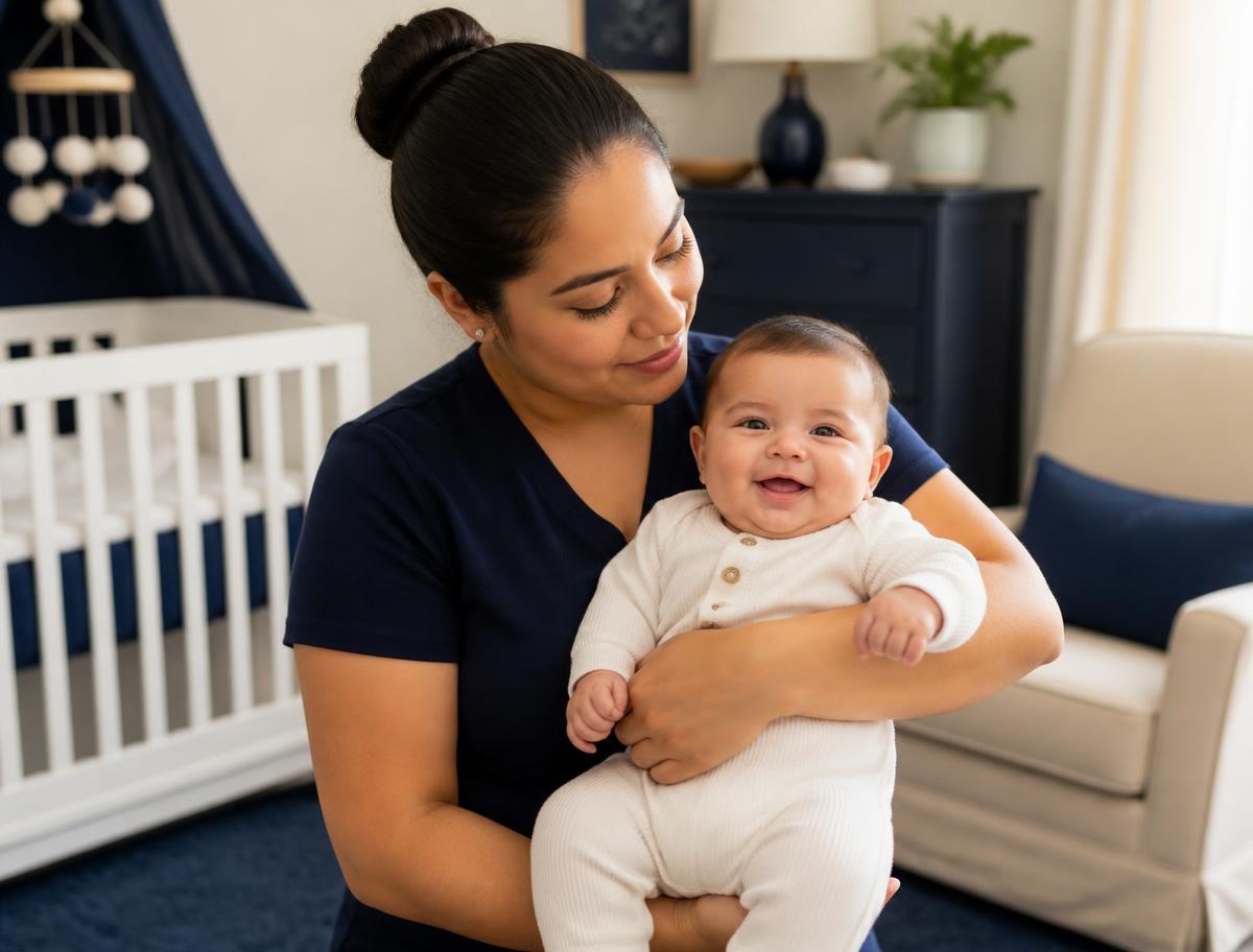 Caregiver holding a smiling infant in a calm navy and cream nursery