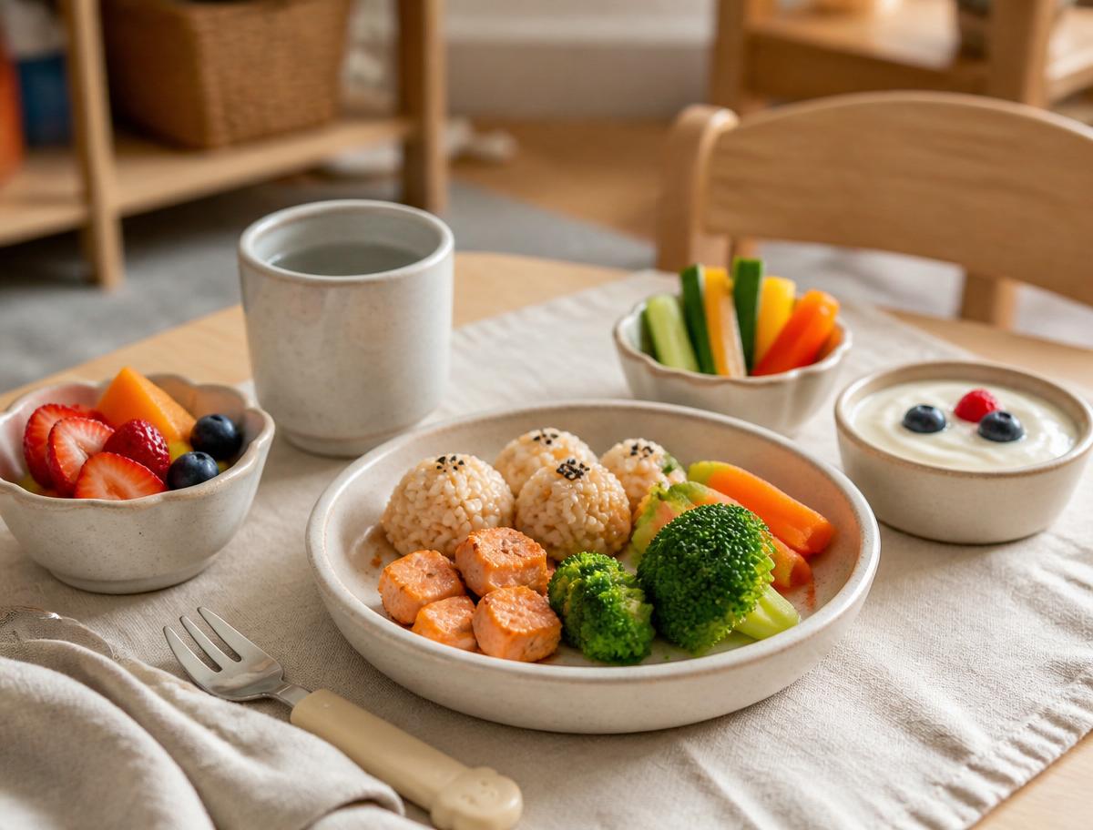 Healthy, colorful meal plated for a preschooler