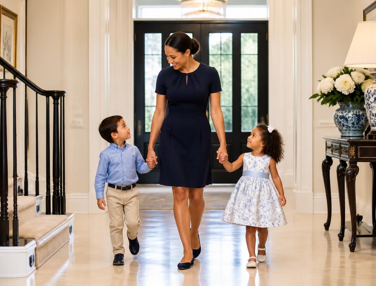 A professional nanny walking hand in hand with two young children in an elegant home entryway
