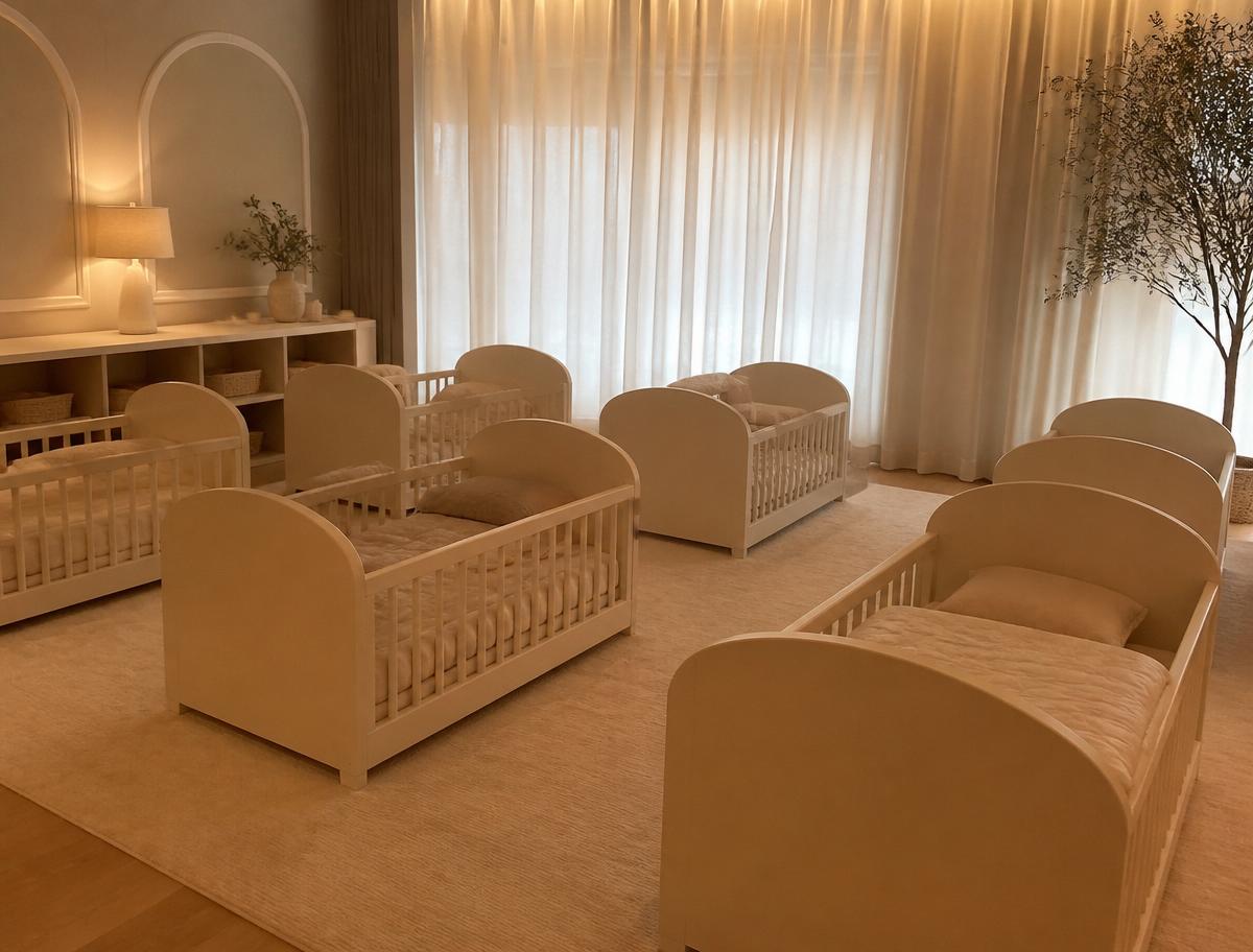 Calm nap room with individual cots and soft lighting