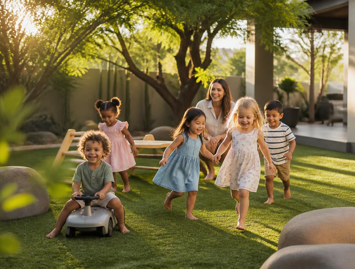 Young children playing outdoors in a shaded backyard