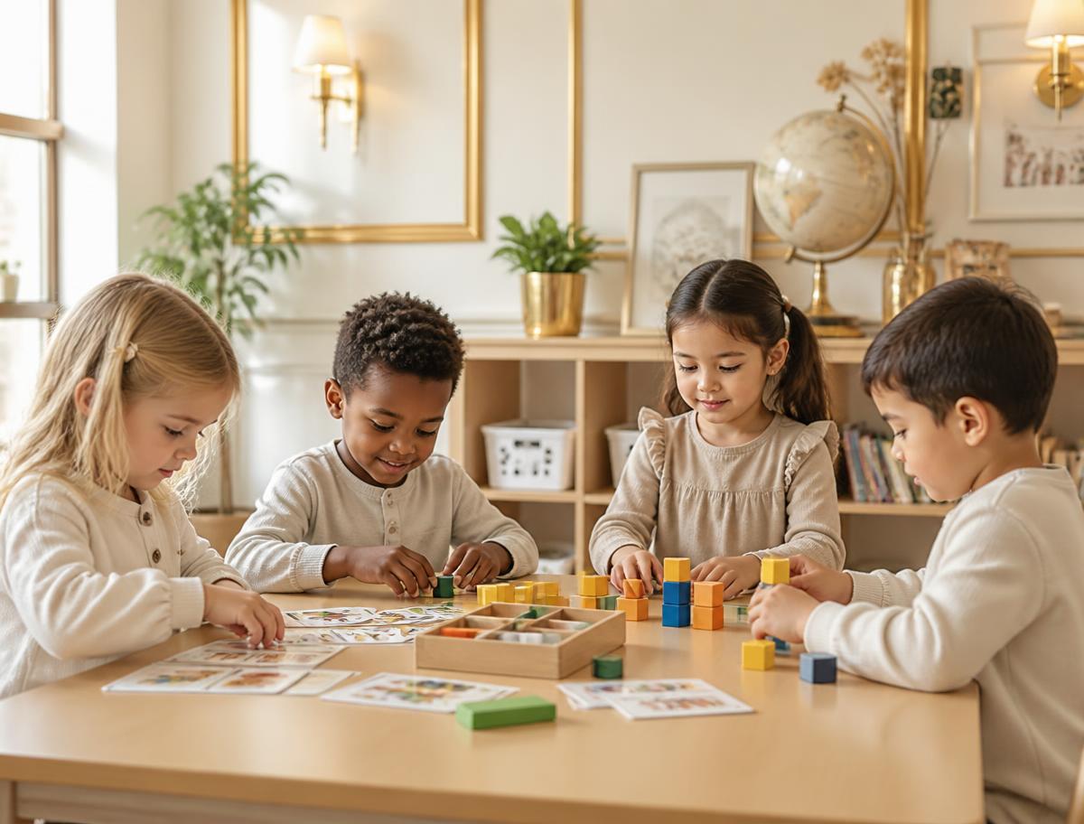 Preschool children working with letter cards and counting blocks at a classroom table