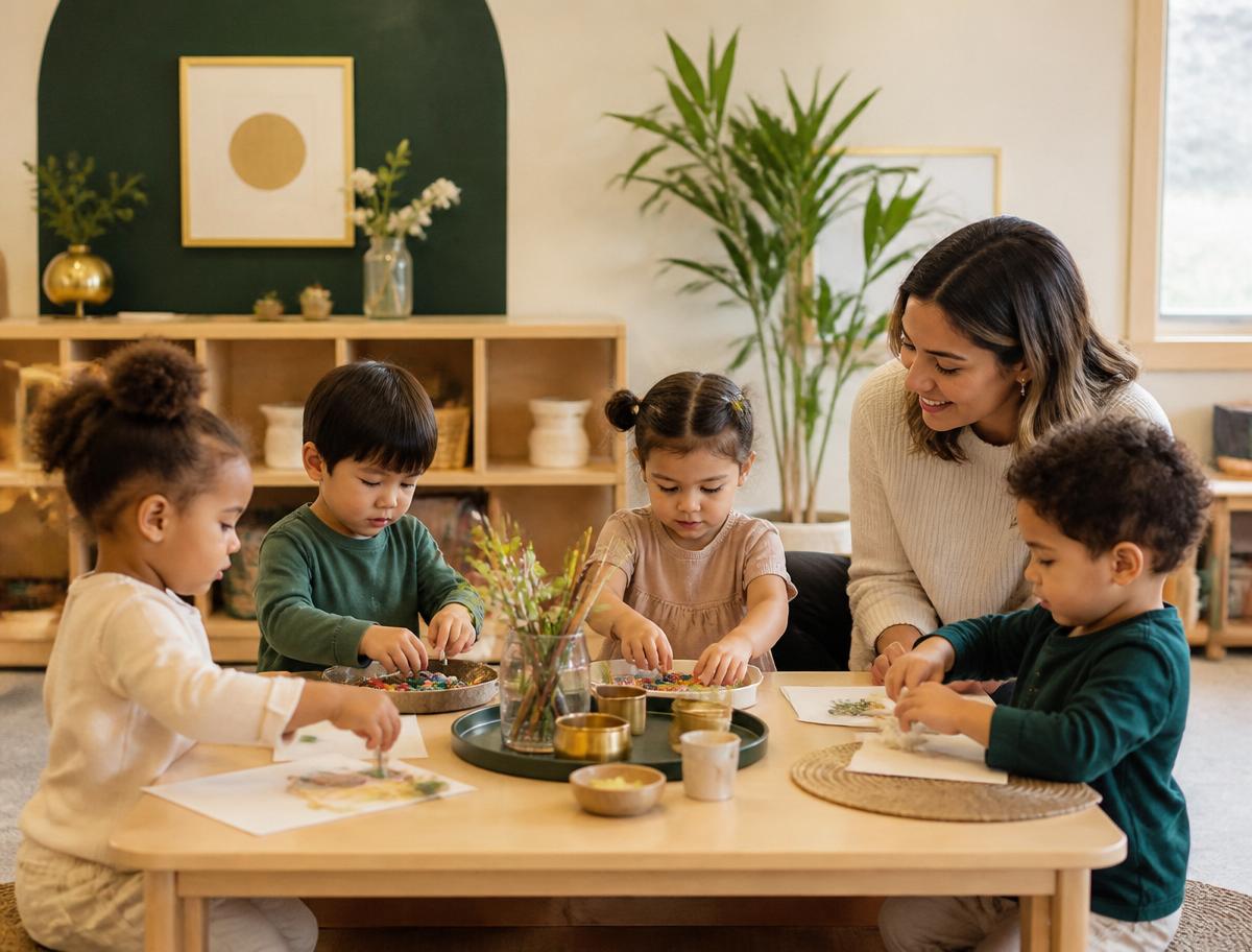 Toddlers exploring a sensory activity at a low wooden table with a caregiver